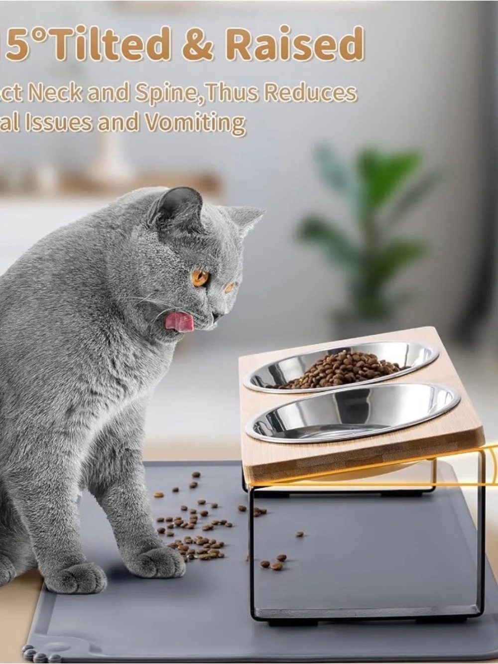 Elevated bamboo cat bowls w/food mat anti vomiting raised cat dishes
